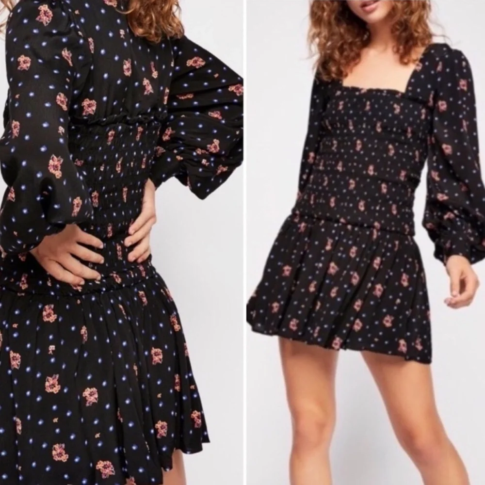 NWT Free People Mini Dress Floral Smocked Square Neck S XS Black‎ Boho